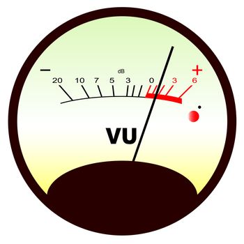 A typical analogue audio meter as found on old tape recorders with the needle in the red