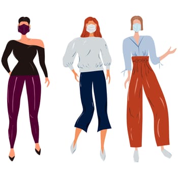 News 2019 clothes females wearing protective face masks. Concept of coronavirus quarantine vector illustration.