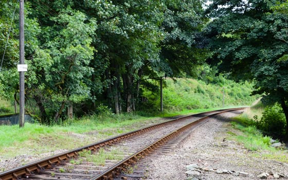 An empty railway track on a preserved railway in northern England.