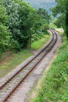 A stretch of railway track on the preserved Lakeside and Haverthwaite railway in Cumbria, northern England.