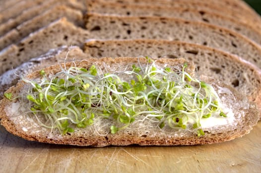 The picture shows a bread slice with butter and sprouts