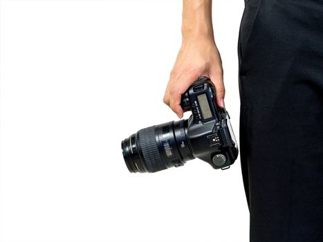 The photographer holds the camera by hand in the hip position.