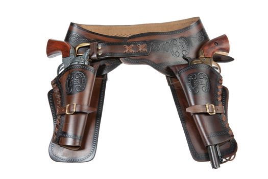 Leather cowboy holster and revolver on an isolated studio background