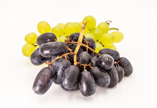 Bunch of blue and green wet grapes isolated on white background