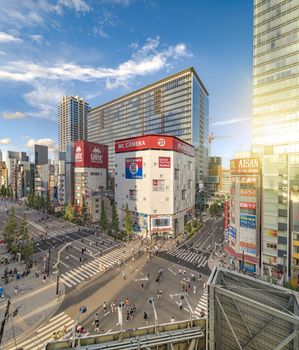 Aerial sunset view of the Akihabara Crossing Intersection in the electric town of Tokyo in Japan.