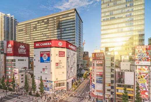 Aerial sunset view of the Akihabara Crossing Intersection in the electric town of Tokyo in Japan.