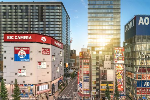 Aerial sunset view of the Akihabara Crossing Intersection in the electric town of Tokyo in Japan.