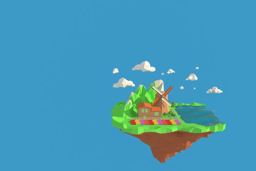3D illustrator of Zaanse Schans windmill village, Netherlands, 3d rendering Low Polygon Geometry Background. Abstract Polygonal Geometric Shape. Lowpoly Minimal Style Art.