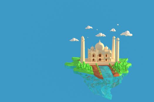 3D illustrator Taj Mahal, Agra, India. 3d rendering low polygon geometry background. Abstract polygonal geometric Shape. Lowpoly minimal style art.