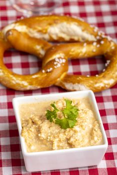 bavarian obazda cheese spread with pretzel