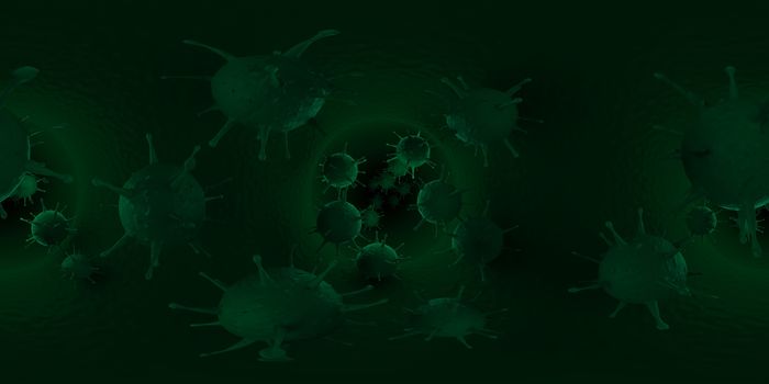 3d rendering Microscope virus- bacteria close up.  Equirectangular  360 VR image.  The medical panoramic background.