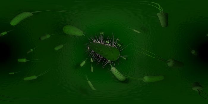 3d rendering Microscope virus- bacteria close up.  Equirectangular  360 VR image.  The medical panoramic background.