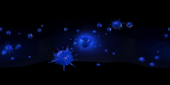 3d rendering Microscope virus- bacteria close up.  Equirectangular  360 VR image.  The medical panoramic background.
