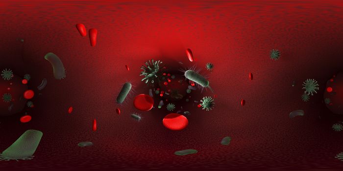 3d rendering Microscope virus bacteria close up.  Equirectangular  360 VR image.  The medical panoramic background.
