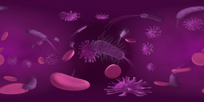 3d rendering Microscope virus bacteria close up.  Equirectangular  360 VR image.  The medical panoramic background.