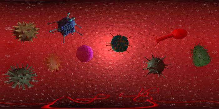 3d rendering Microscope virus- bacteria close up.  Equirectangular  360 VR image.  The medical panoramic background.