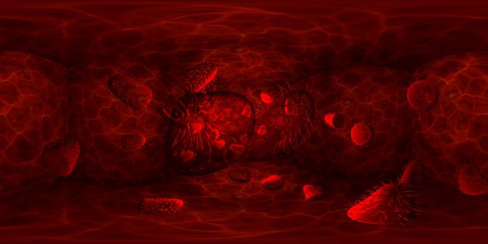 3d rendering Microscope virus- bacteria close up.  Equirectangular  360 VR image.  The medical panoramic background.