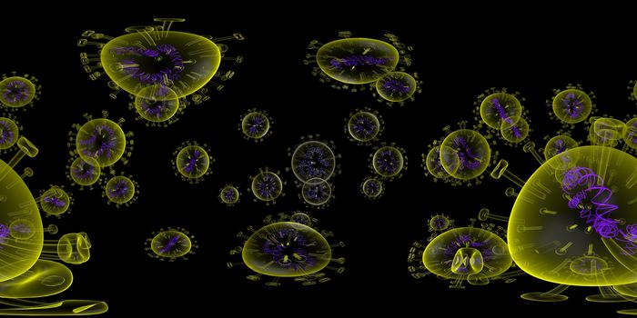 3d rendering Microscope virus- bacteria close up.  Equirectangular  360 VR image.  The medical panoramic background.