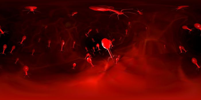 3d rendering Microscope virus- bacteria close up.  Equirectangular  360 VR image.  The medical panoramic background.