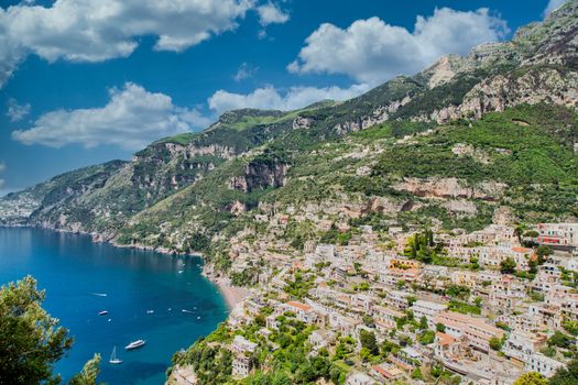 Many colorful homes along the Amalfi Coast on the Mediterranean in Italy