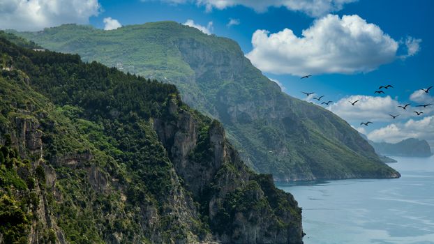 Steep, rocky cliffs along the Amalfi coast in Italy