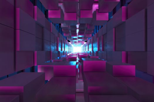 3d render,Abstract image of the cube background, the path to the light, Plastic Pink and Blue background