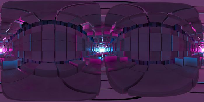 3D illustration,3d render,VR 360 panorama Abstract image of the cube background, the path to the light, Plastic Pink and Blue background