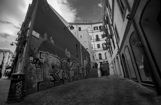 CAGLIARI, ITALY 10 MARCH 2020: Cagliari alleyway with Graffiti