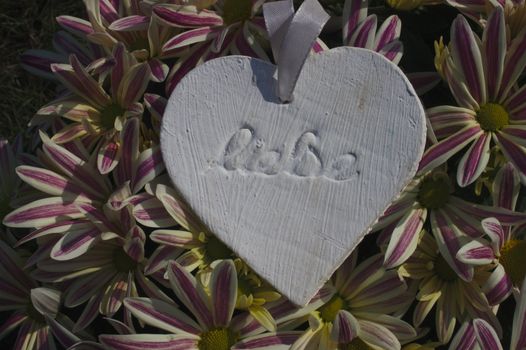 The picture shows a white heart with the german text love in the fuchsia