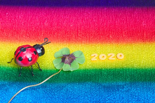 The picture shows lucky clover and a ladybird on colorful crepe paper