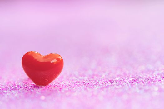 Valentines Day background with Red heart shapes on abstract light pink glitter background, Copy space
