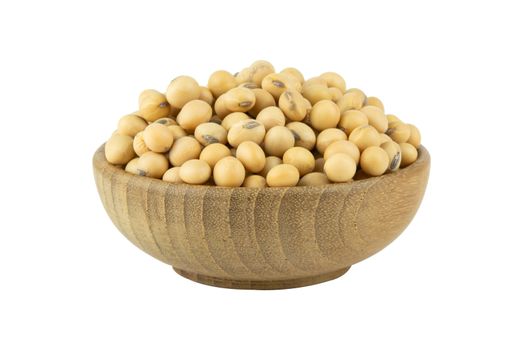 Soy beans in bowl wood isolated on white background with clipping path
