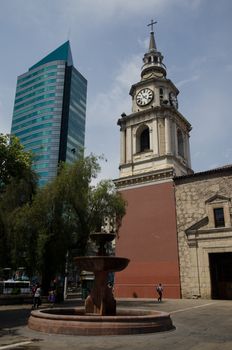 San Francisco Church and skyscraper. Fray Pedro de Bardeci square. Santiago de Chile. Chile.