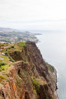 The view looking towards Funchal from Cabo Girao viewpoint on the Portuguese island of Madeira.