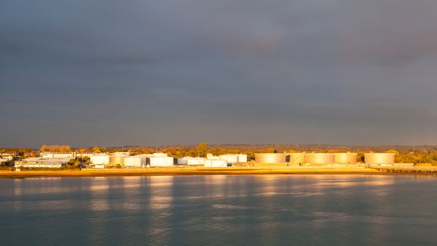 Hamble fuel terminal on Southampton Water in southern England.  The terminal is supplied by a pipeline running under Southampton Water from Fawley oil refinery.