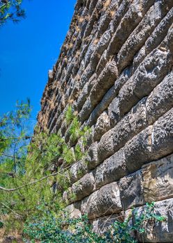 Ruins of the Ancient Theatre in the greek city of Priene in Turkey on a sunny summer day