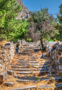 Ruins of the Ancient Theatre in the greek city of Priene in Turkey on a sunny summer day