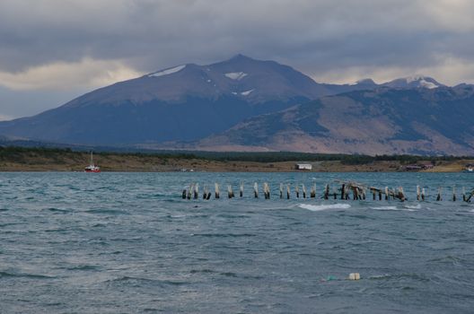 Ultima Esperanza Inlet and Sarmiento Mountain Range from Puerto Natales. Ultima Esperanza Province. Magallanes and Chilean Antarctic Region. Chile.