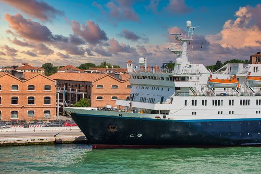 Small cruise ship anchored in Grand Canal in Venice