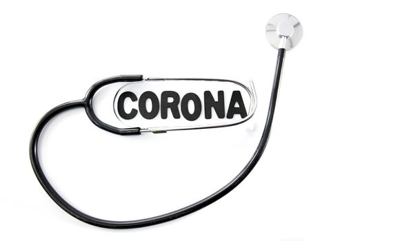 corona virus conceptual image with text in black om white and stethoscope