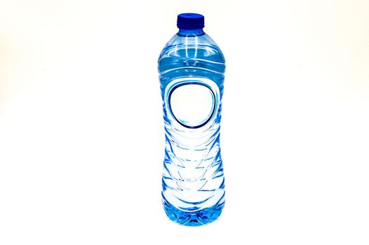 Blue plastic water bottle on a white background