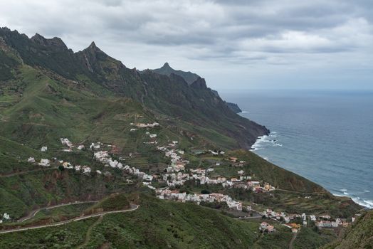 Panoramic landscape in Anaga mountains and ocean coastline from Mirador Risco Magoje viewpoint, Tenerife Canary Islands, Spain