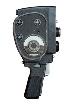 An Isolated Retro Vintage Hand Held Super 8 Film Camera On A White Background
