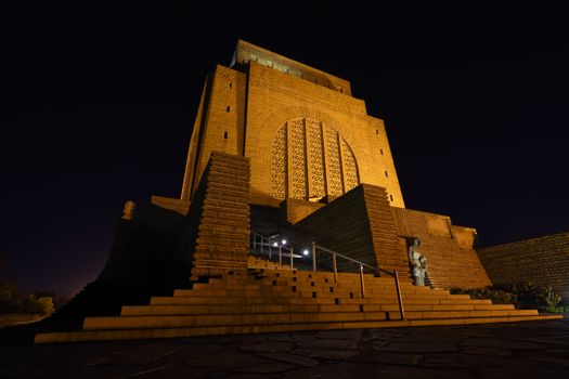 The Voortrekker Monument cultural memorial close-up wide view at night, Pretoria, South Africa