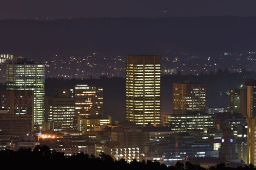 Pretoria city center skyline at night as seen from the South, South Africa