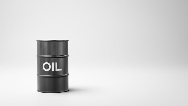 Single Black Oil Barrel with Text on White Gray with Copy Space 3D Illustration