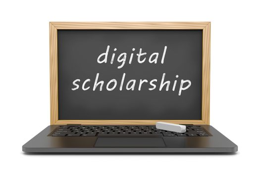 Laptop Computer with a Blackboard with Digital Scholarship Text Instead of the Display 3D Illustration on White