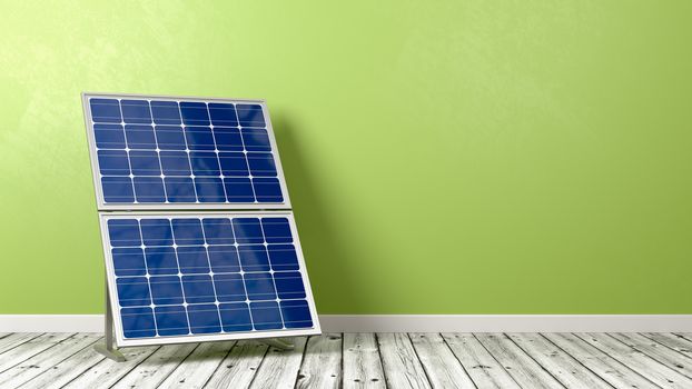 Solar Panel on Wooden Floor Against Green Wall with Copy Space 3D Illustration