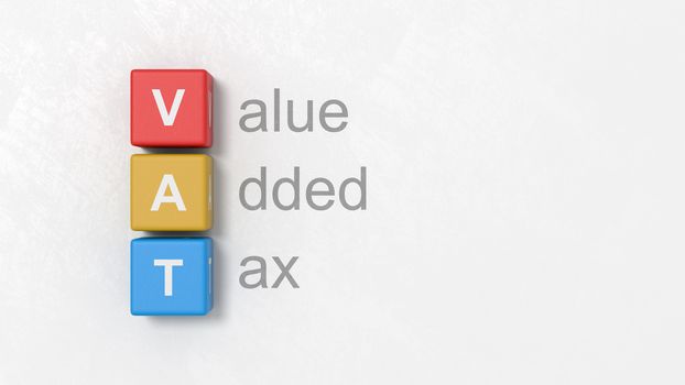 Black Value Added Tax Text and VAT Colorful Cubes on a Light Gray Plastered Background 3D Illustration