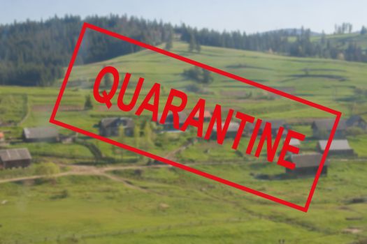 The word travel ban on the blurred background of a beautiful spring mountain landscape in Europe. The concept of stopping prohibited travel and tourism. Travel is banned due to the coronavirus pandemic around the world